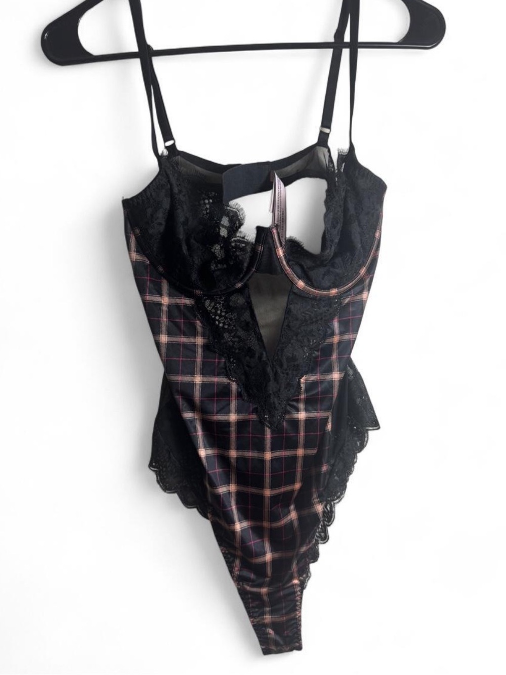 Victoria's Secret Black Plaid Lace-Trim Chemise Bodysuit